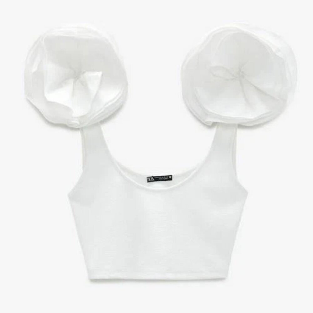 NWT Zara‎ Rosette Shoulder White Crop Tank Top Stretch Fabric Women's Size L